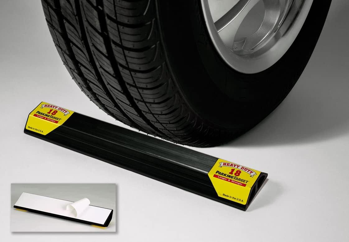 The HD-18 Heavy Duty ParkingTarget, 18" long, with yellow Heavy Duty end caps reading Longer & Stronger and Made in the U.S.A.