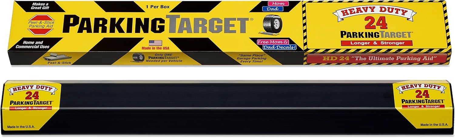 The HD-24 Heavy Duty ParkingTarget, 24" long, with yellow Heavy Duty end caps reading Longer & Stronger and Made in the U.S.A.