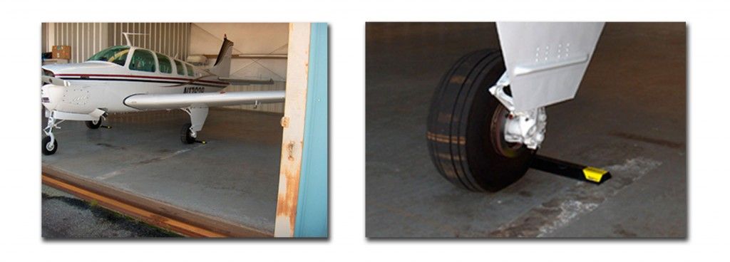 Two photos of a light aircraft in a hangar with its nose wheel stopped against a Heavy Duty ParkingTarget on the hangar floor.