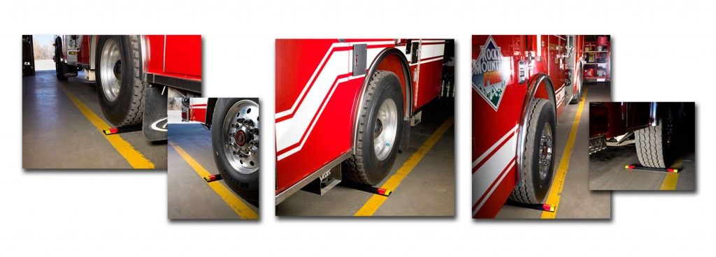 Three photos of a red fire truck parked in an apparatus bay, its tires stopped against Heavy Duty ParkingTargets set on a yellow floor line.