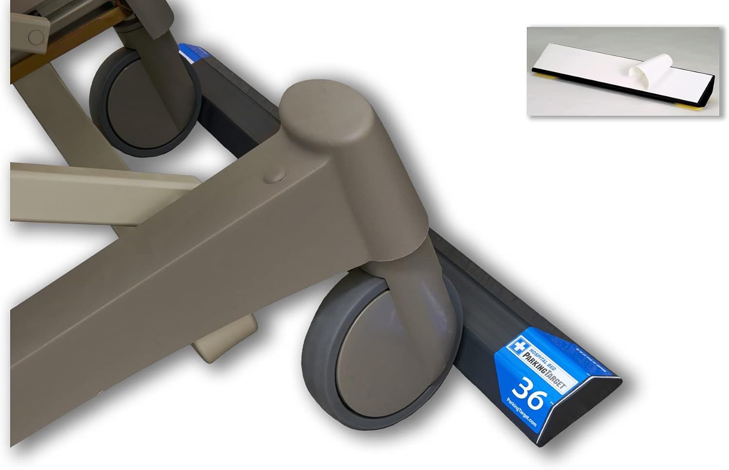 Hospital Bed ParkingTarget HOB-36, a low black floor strip 36" long with a blue Hospital Bed ParkingTarget end cap.