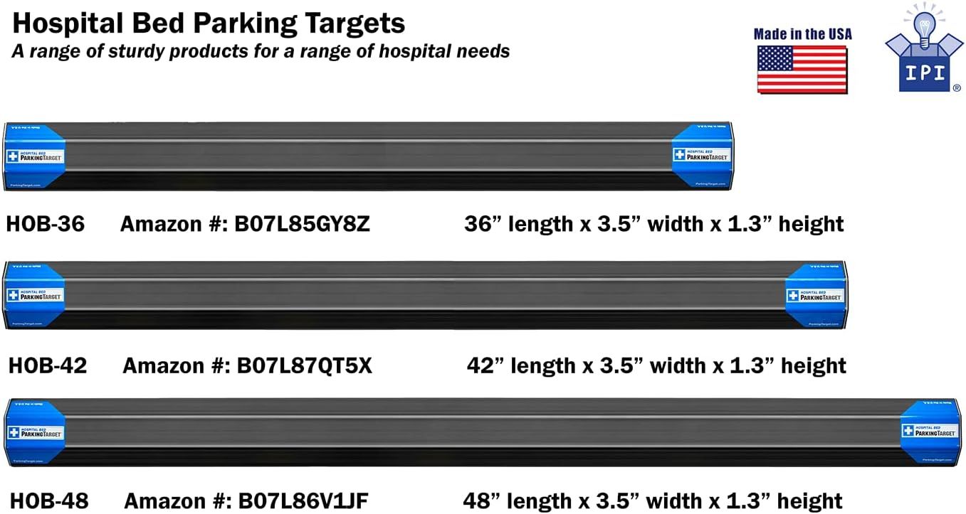 Chart headed Hospital Bed Parking Targets, showing HOB-36, HOB-42 and HOB-48 strips with their Amazon numbers and dimensions in length, width and height.