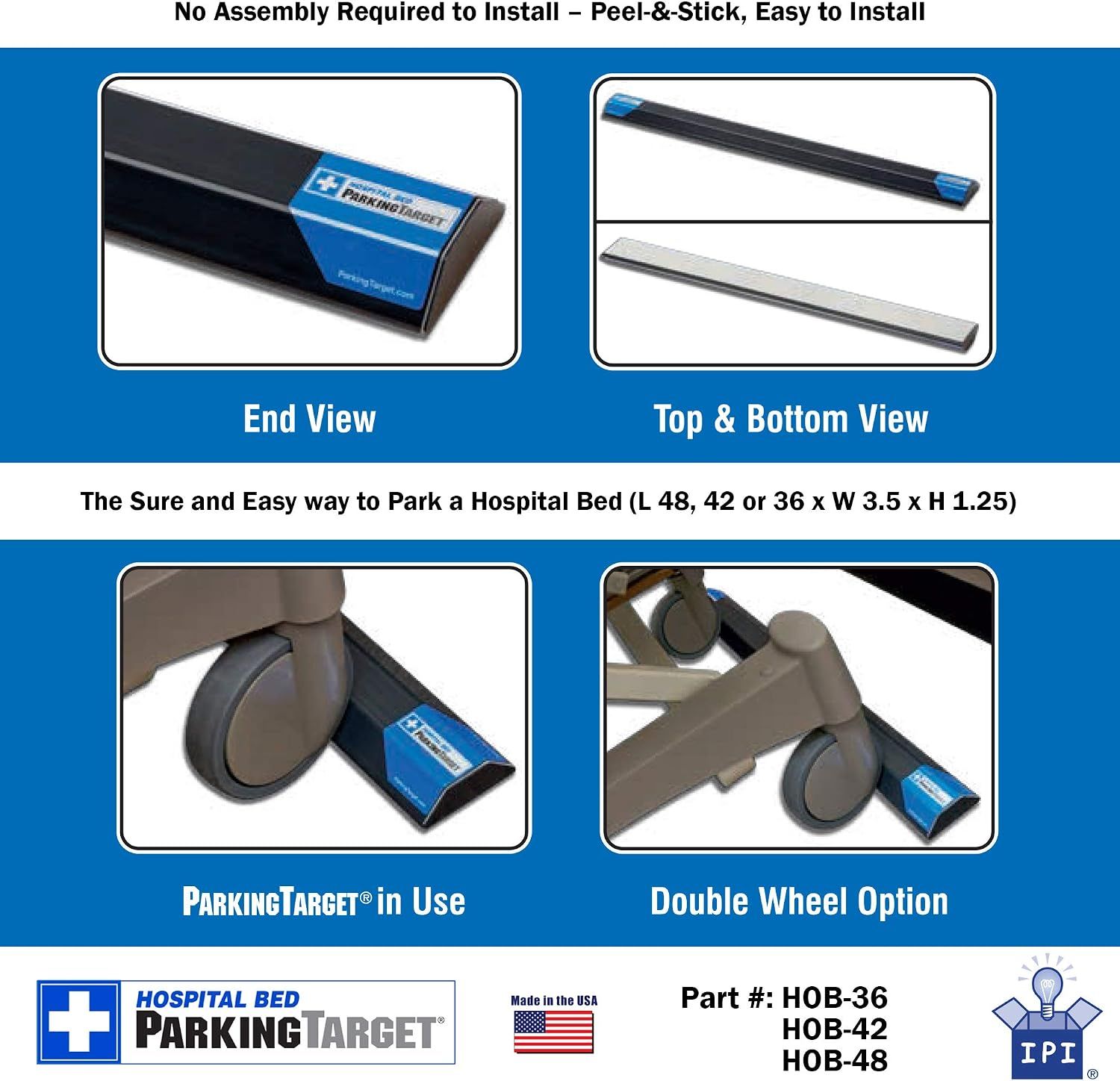 Product diagram showing the End View and Top & Bottom View of the Hospital Bed ParkingTarget, the target in use under a bed caster, and the Double Wheel Option.