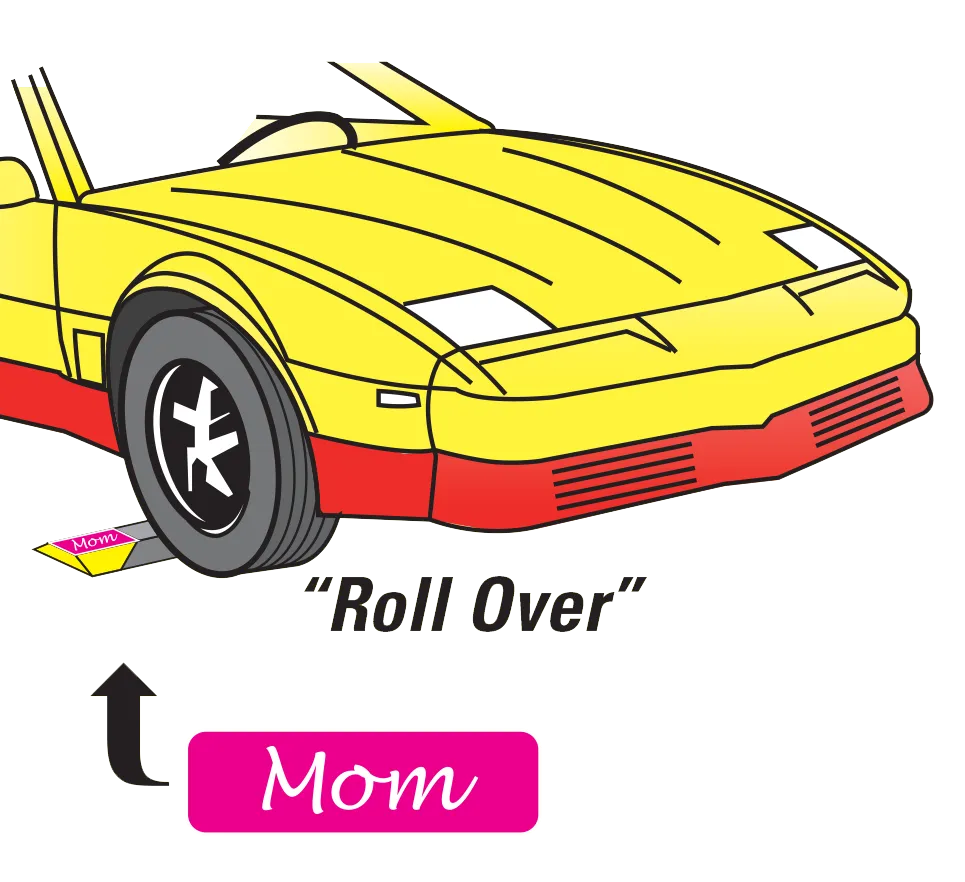 Illustration of a yellow sports car's front tire rolling over a ParkingTarget with a Mom decal, captioned Roll Over.