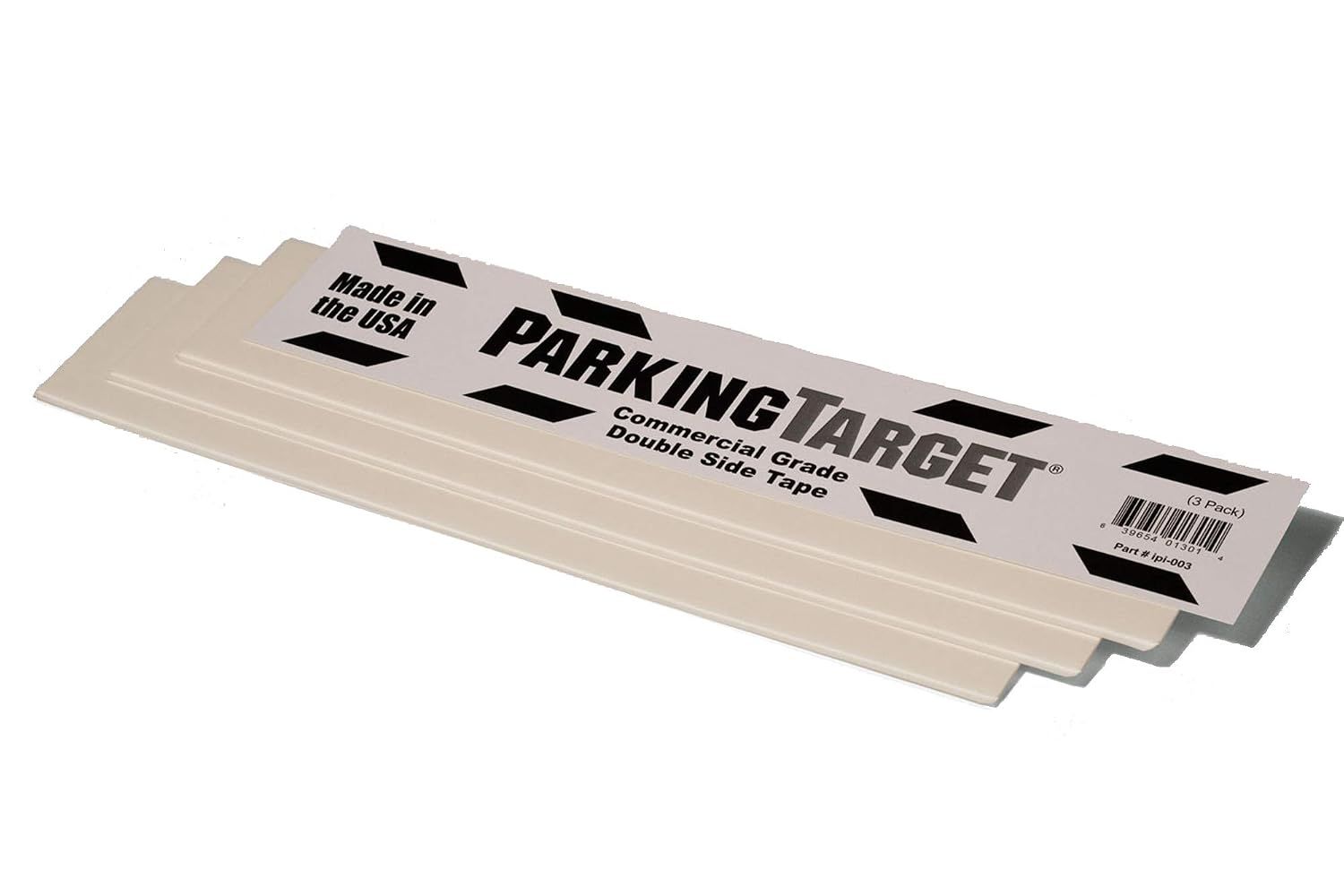 Three strips of ParkingTarget Commercial Grade Double Side Tape, 3 Pack, part number ipi-003, labelled Made in the USA.