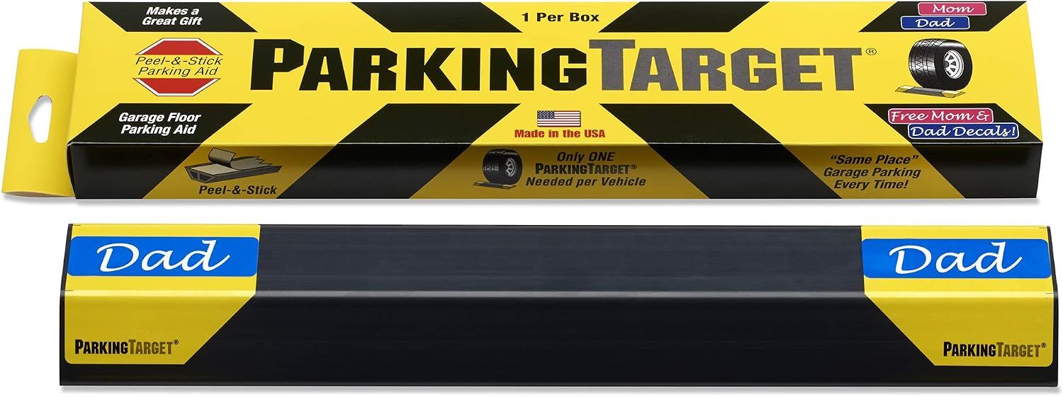 The IPI-100 ParkingTarget beside its yellow and black retail box, which reads Peel-&-Stick Parking Aid, Garage Floor Parking Aid, 1 Per Box, Made in the USA and Same Place Garage Parking Every Time.