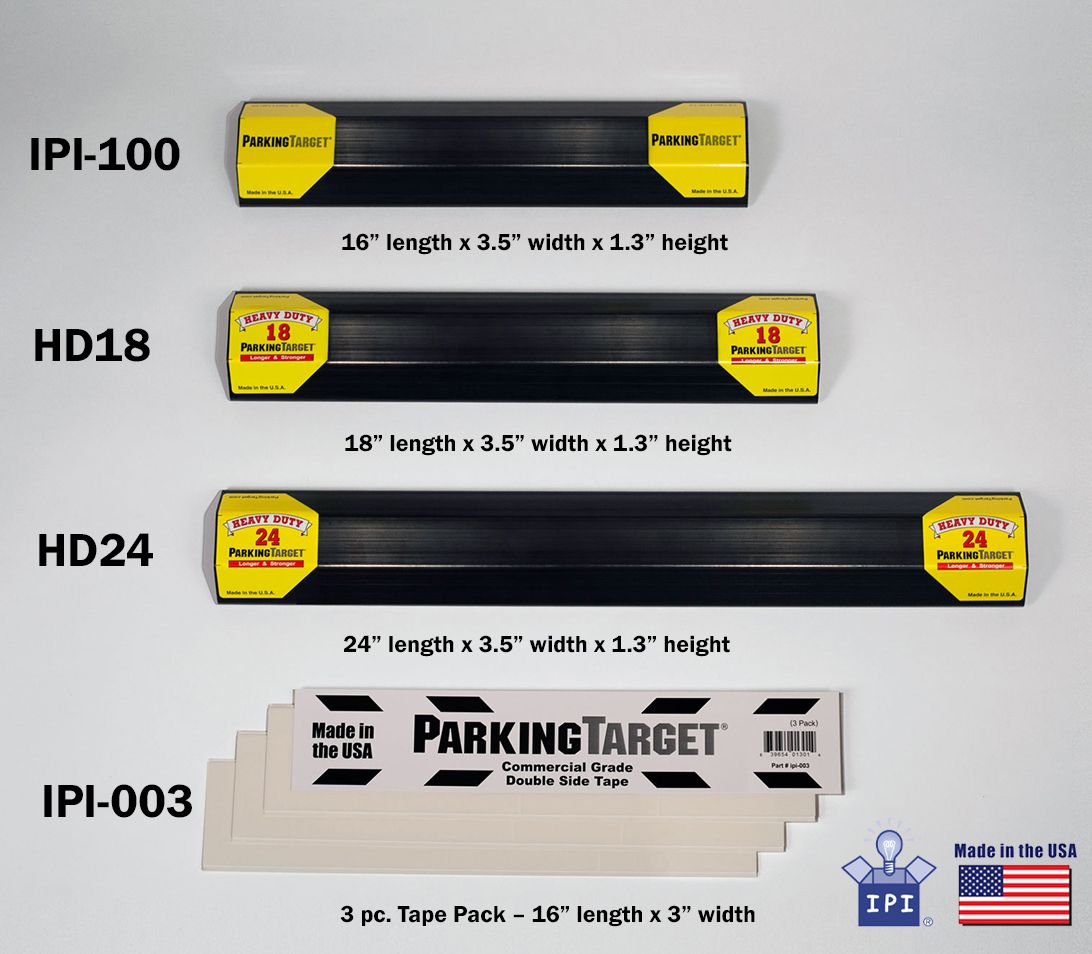 The ParkingTarget lineup with printed dimensions: the IPI-100 at 16 inches, HD-18 at 18 inches, HD-24 at 24 inches and the three-piece tape pack.