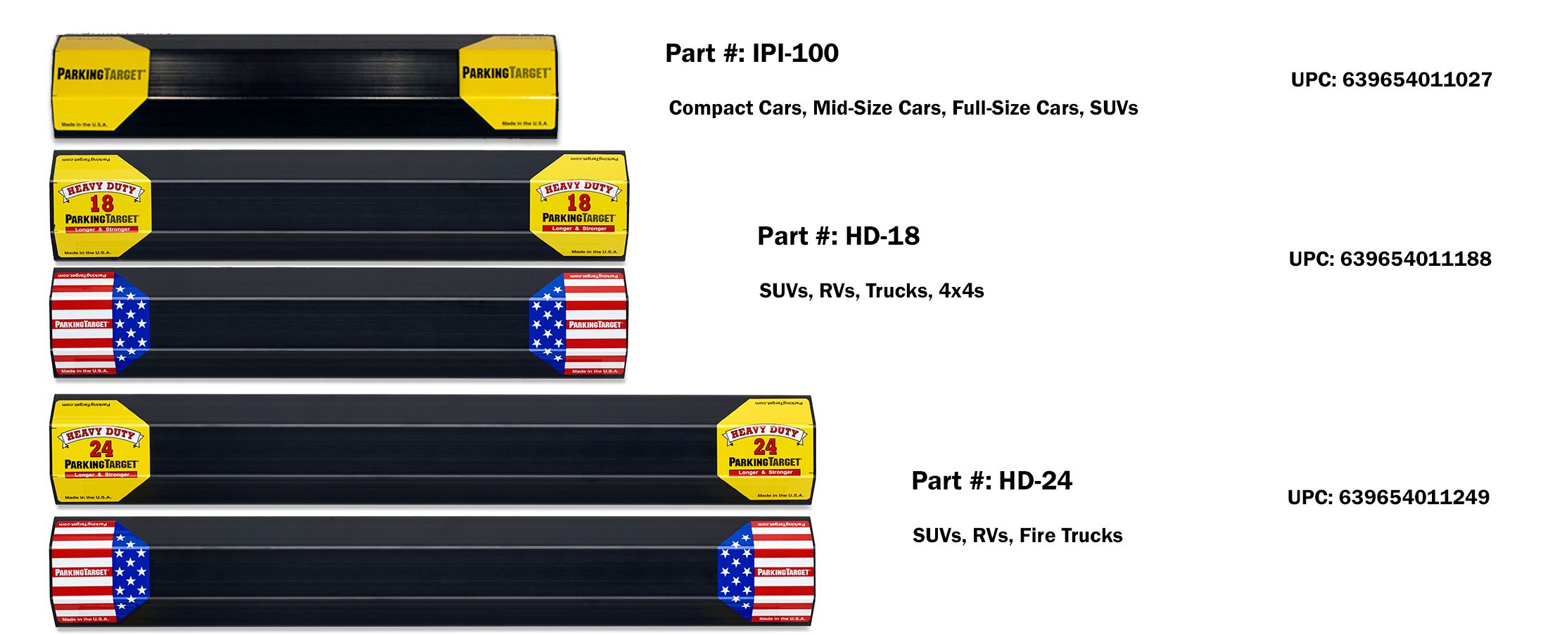 Lineup chart listing the IPI-100, HD-18 and HD-24 with their part numbers, UPC codes and recommended vehicles.